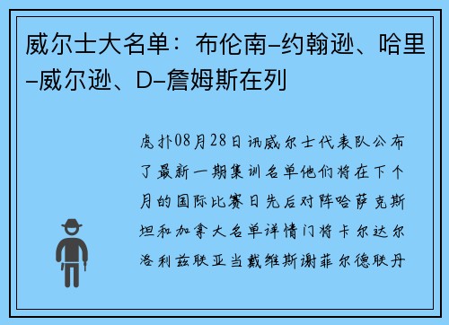 威尔士大名单：布伦南-约翰逊、哈里-威尔逊、D-詹姆斯在列